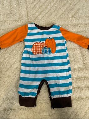 Striped Pumpkin Applique Baby One-Piece - Orange & Teal